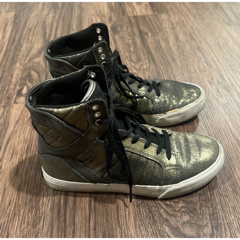 Supra Muska Skytop High Top Lace up Metallic Pewter Skate Kids Shoes Size 4.5